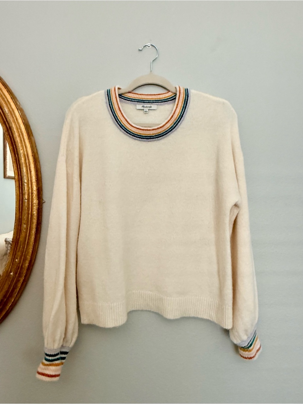 Madewell Cream Crewneck Sweater with Multicolor Trim